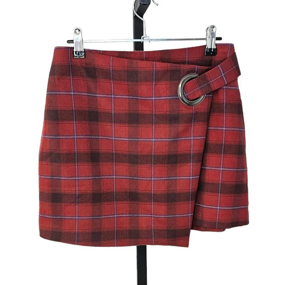 Free People  Tessa Plaid Mini Skirt Size 4 Aysymmetrical Red Lined - Picture 1 of 8